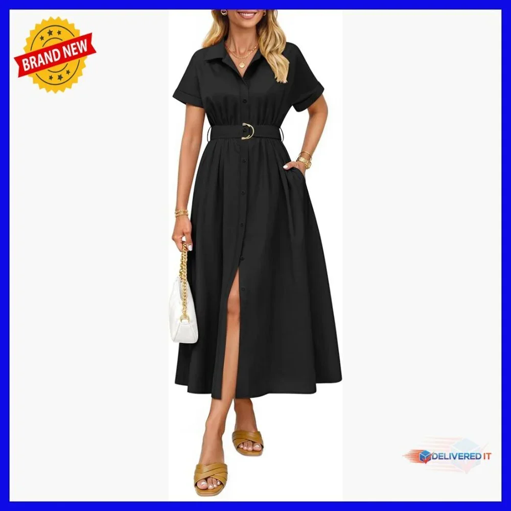 Summer Short Sleeve Midi Dress Button Down A Line Belt Work Casual